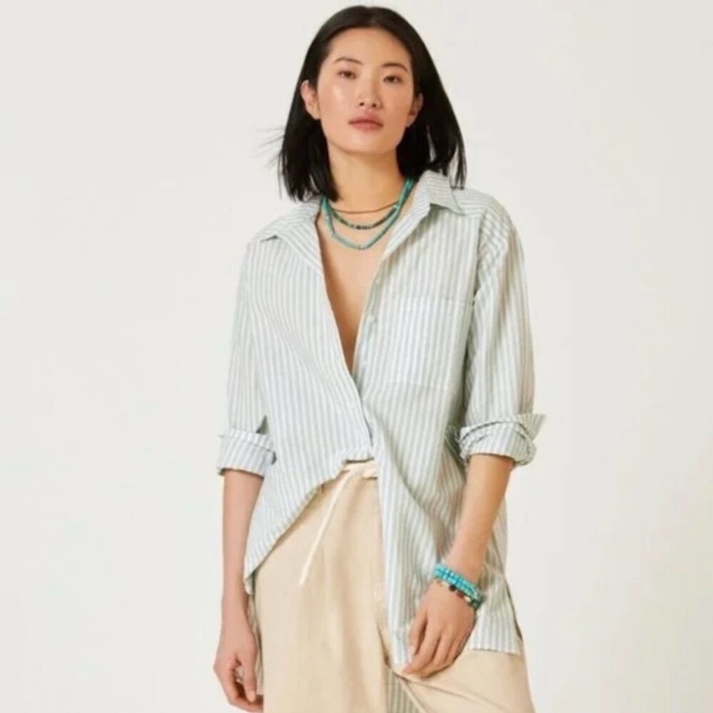 Anthropologie Seersucker Oversized Tunic Buttondown Top Green Stripe XS NWOT